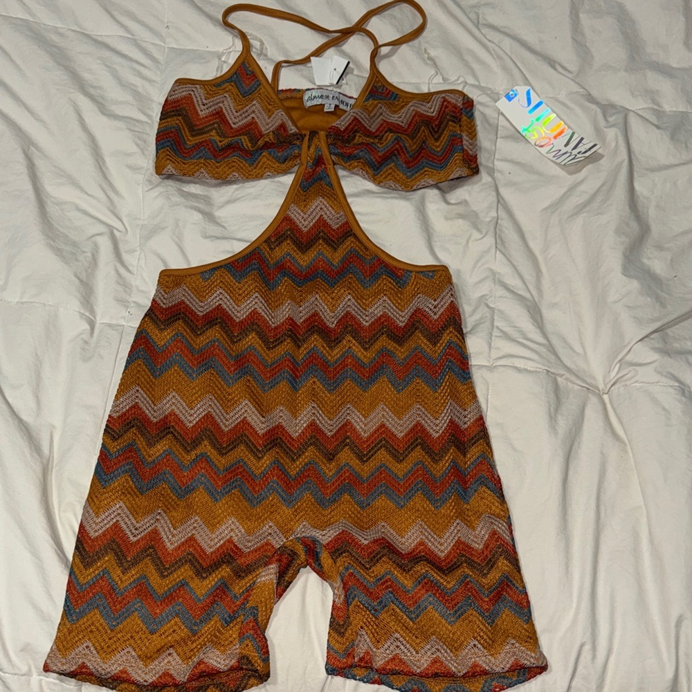 Almost Famous Multicolor Chevron Knit Halter Romper - Mustard, Teal & Rust
